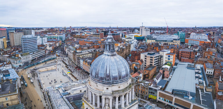 aerial panorama of Nottingham center, Old Market Square, winter's ordinary day