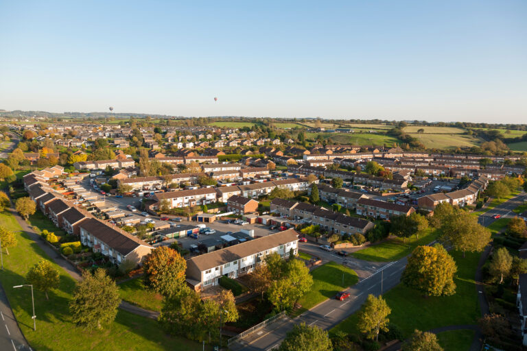 Aerial view of houses in Yate, South Gloucestershire, England, UK